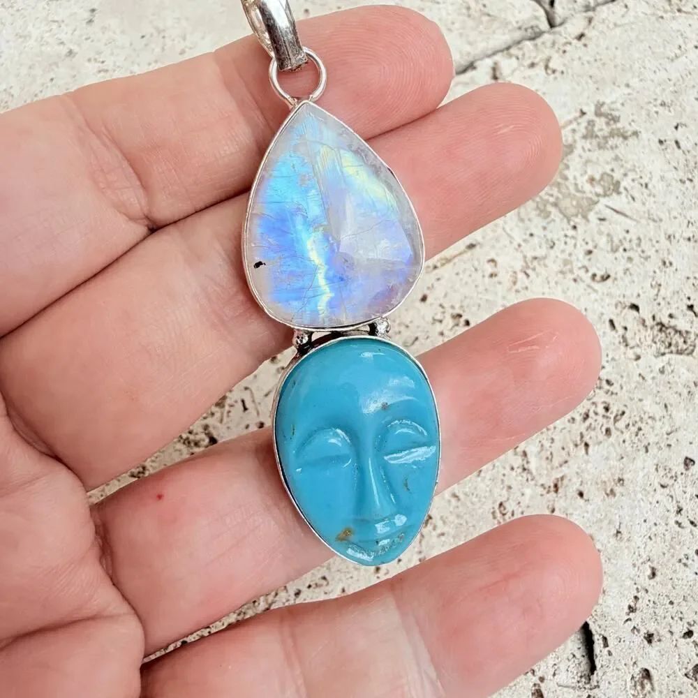 Rainbow Moonstone Moon Face Blue Agate Pendant 925 Overlay